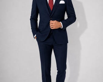 Custom Tailored Navy Blue Suit – 3 Piece Cotton Wool Blend – Lightweight Breathable Suit – Wedding, Business, Prom Suit – Made to Order