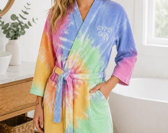 Bata tie-dye personalizable – Kimono unisex de tejido gofrado, ideal para la playa.