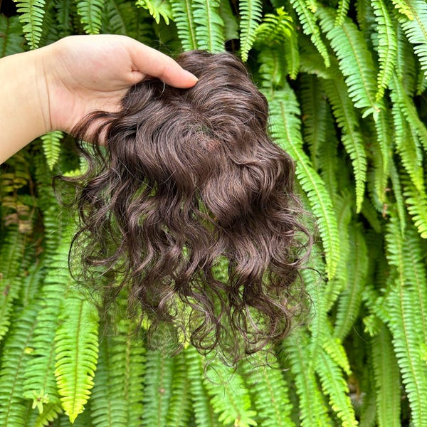 7x10cm Curly Human Hair Topper for Women, 10 Inch Deep Wave Brown Hairpiece with Clips, Natural Fluffy Clip in Top Wiglet for Volume