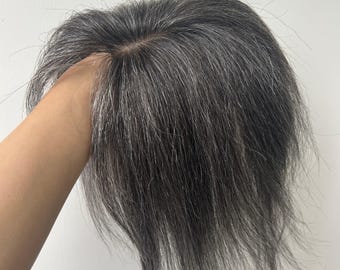 Salt and Pepper Human Hair Topper, 8x11cm Silk Base Hairpiece for Older Women, Grey Mixed Clip in Toupee for Volume & Grey Coverage