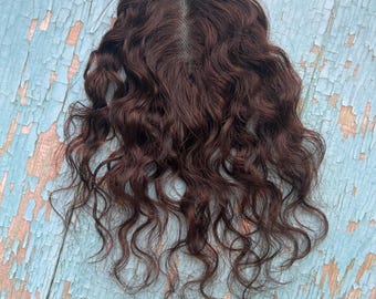 10" Remy Human Hair Topper Curly Brown, 2.75"x4" Silk Base Hairpiece for Women, Short Brown Clip in Top Wiglet for Thinning Hair Volume