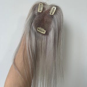 Silver Gray 10 Inch Straight Human Hair Topper, 3x4.5" Breathable Monofilament Base Clip-In Hairpiece for Volume & Grey Root Cover