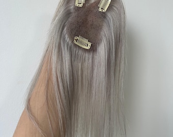Silver Gray 10 Inch Straight Human Hair Topper, 3x4.5" Breathable Monofilament Base Clip-In Hairpiece for Volume & Grey Root Cover