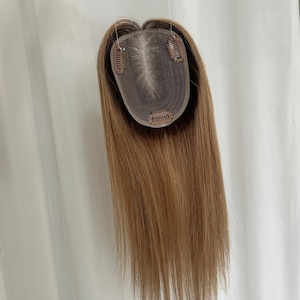 14" Straight Human Hair Topper 4x5" Lace Base, Ombre #6/16 Honey Blonde Balayage Wiglet for Women Thinning Hair, Clip-in Crown Hairpiece