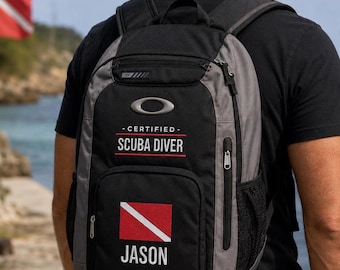 Custom Personalized Embroidered Scuba Diving Bag  |  Black and Gray Oakley Enduro Backpack 22L  |  Gift for Divers