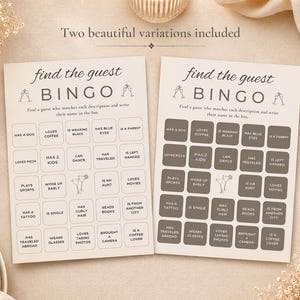 Könnte beinhalten: Zwei Find the Guest Bingo-Spielkarten mit cremefarbenem Hintergrund und dunklem Text. Die linke Karte hat umrandete Kästchen, während die rechte Karte ausgefüllte dunkelgraue Kästchen hat. Beide Karten enthalten den Text Two beautiful variations included.