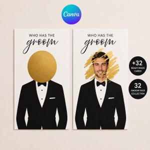 May include: Two rectangular game cards titled Who Has The Groom featuring a black tuxedo illustration. One card has a gold foil circle covering the face, while the other shows a man's face with a gold brushstroke overlay. Includes 32 ready-made cards.