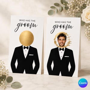 May include: Two white rectangular game cards with the text Who Has The Groom in black. Each card features a black tuxedo illustration. One card has a solid gold circle covering the head, while the other reveals a man's face with a gold brushstroke.