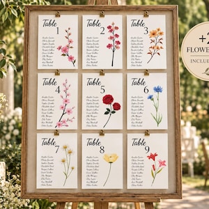 Puede incluir: Un tablero de madera con nueve tarjetas blancas de distribución de mesas para bodas, etiquetadas de la Mesa 1 a la 9 con ilustraciones florales y nombres de invitados. Un letrero circular beige dice +25 FLOWER ICONS INCLUDED FREE.