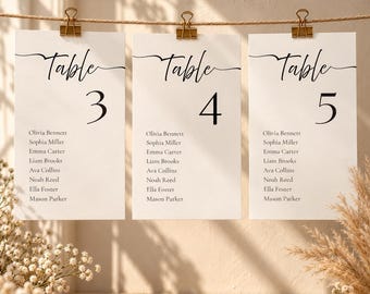Minimalistische Tischkarten mit Gästeliste und Sitzplan für Hochzeiten (Vorlage, bearbeitbar, Canva)