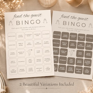 May include: Two beige "Find the Guest Bingo" game cards. Each card has a grid of boxes with prompts like "Has a Dog" and "Loves Coffee." The text "2 Beautiful Variations Included" is at the bottom. The cards are for a wedding or party.