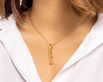 3D Bar Necklace with Birthstone, Custom Engraved Pendant, Gift for Her