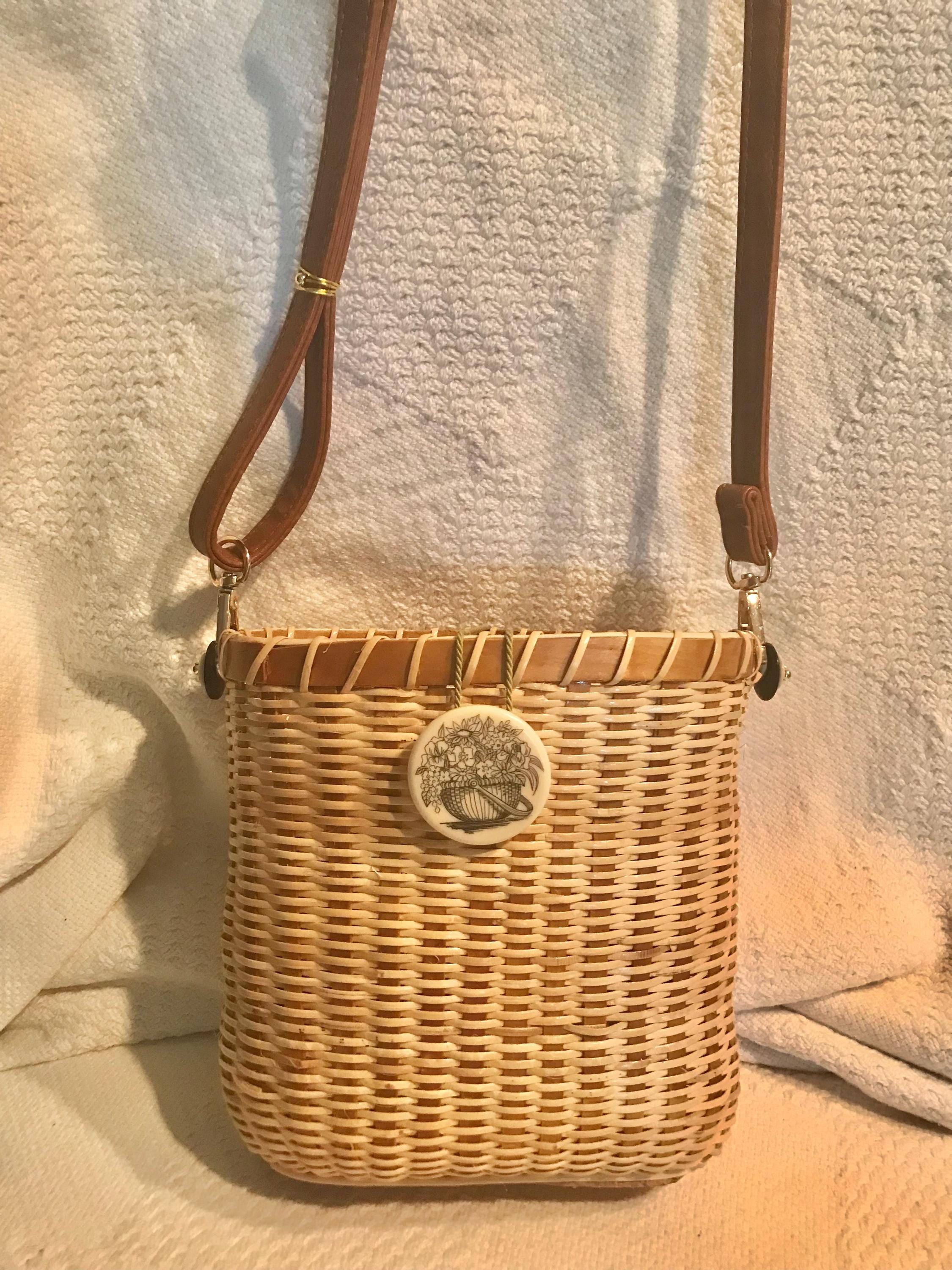 BIG NANTUCKET ウーヴンレザーバスケットバッグ Ф Vintage Nantucket basket purse quail on top placque signed