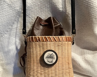 Nantucket 6.5” woven handcrafted crossbody purse basket repurposed 6.5””W x 6.5”H with leather liner and drawstring
