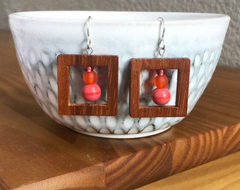 Coral Stack Drop Earrings | Wood Window & Coral Beaded Drop Earrings