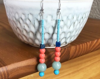 Blue & Coral Drop Earrings | Amazonite Beaded Drop Earrings