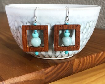 Aqua & Mint Stack Drop Earrings | Wood Window with Amazonite Beaded Drop Earrings