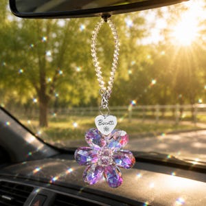 May include: A hanging car ornament featuring a faceted, iridescent crystal flower pendant suspended from a clear beaded loop. A silver-toned heart-shaped charm is attached above the flower, engraved with the word Biscotti and a sun icon.