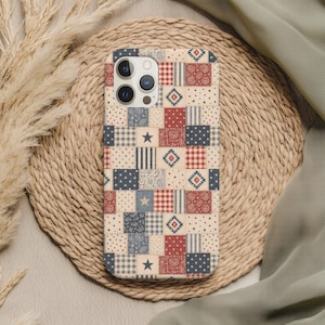 Vintage Patchwork Americana Telefonskal, Rustikt Quilt Röd Blå Stjärnor Randig