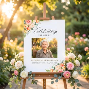 Plantilla de cartel de bienvenida floral para funeral, póster de celebración de la vida para el programa de anuncio del funeral (plantilla de obituario editable en Canva en formato PDF)