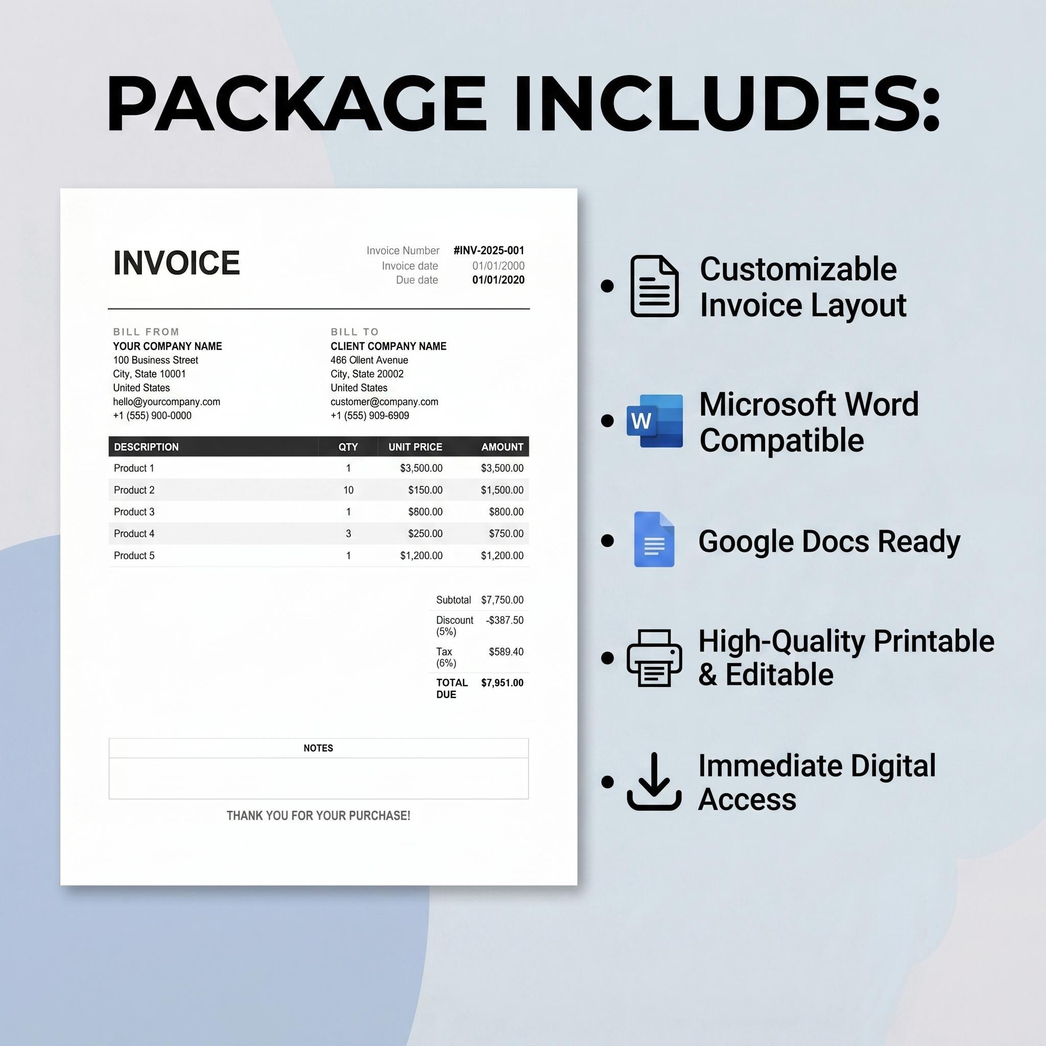 Editable Invoice Template, Professional Small Business Order Form for ...
