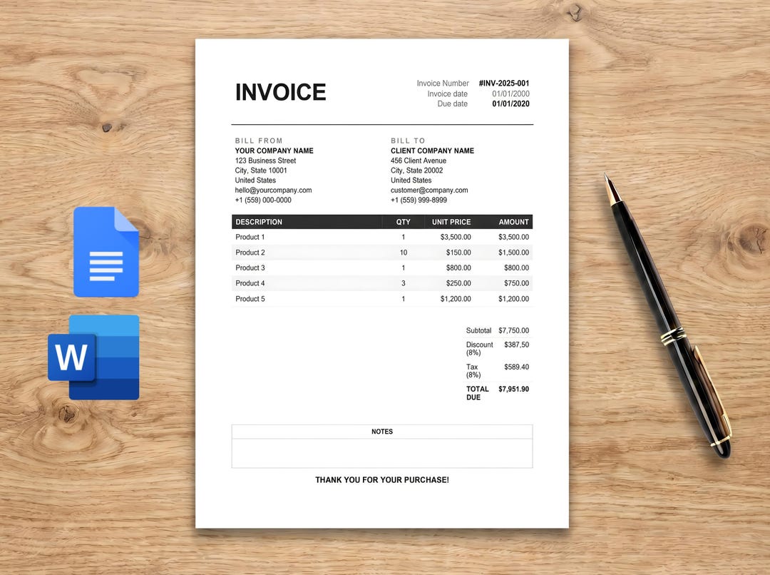 Editable Invoice Template, Professional Small Business Order Form for ...