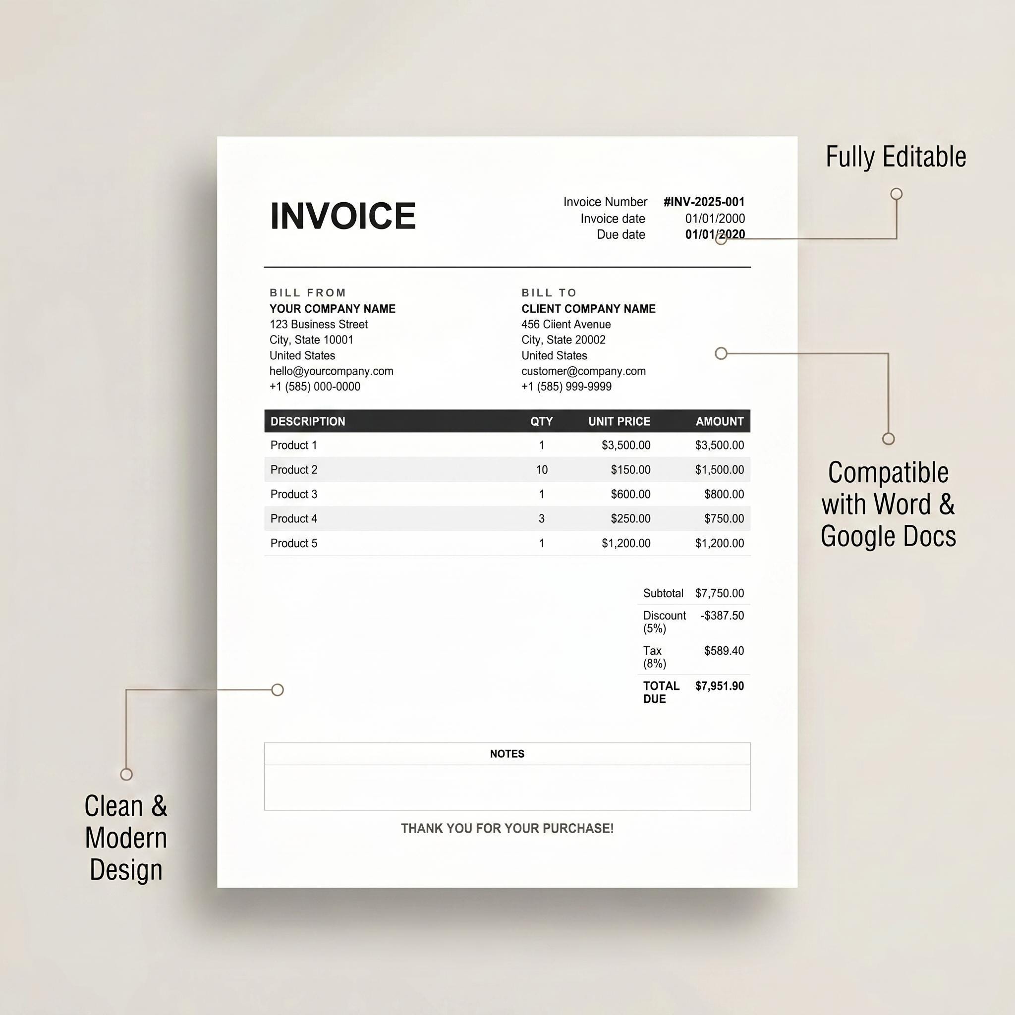 Editable Invoice Template, Professional Small Business Order Form for ...