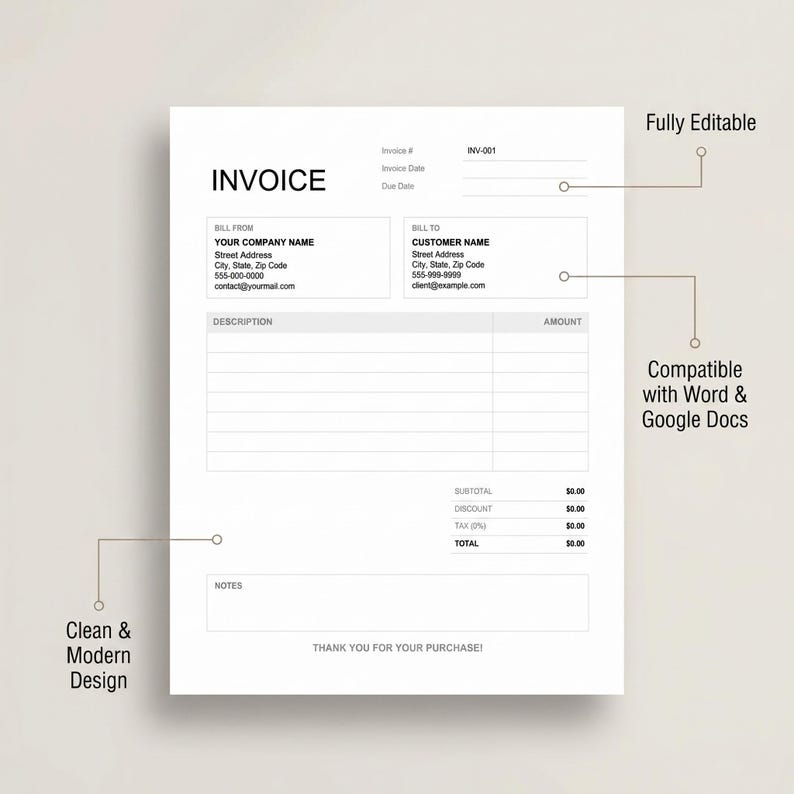 Editable Invoice Template, Professional Small Business Form Order for ...