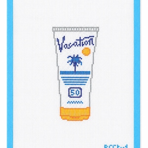 May include: A white needlepoint canvas featuring a centered sunscreen tube design with a blue border. The tube is white with a yellow cap, displaying the text Vacation, a blue palm tree, a yellow sun, and the number 50. The text BCC is in the corner.