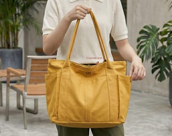 Large Canvas Tote Bag, Multi Pocket Everyday Shopper, Customizable Work Travel Bag
