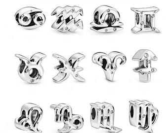 Dijes del zodíaco de plata de ley, cuentas astrológicas de circonita cúbica, compatibles con pulseras Pandora.