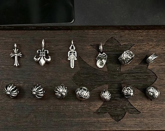 Cuentas y dijes de plata estilo Chrome Hearts, colgantes de cruz gótica/flor de lis/daga/lengua, cuentas espaciadoras de plata 925 para pulseras DIY