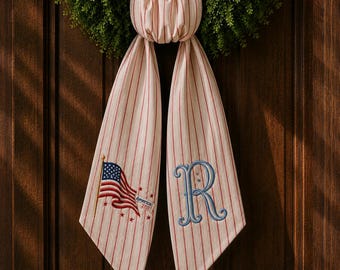 Monogram Embroidered Sash, Personalized Door Wreath Sash, Custom Initial Sash, Farmhouse Door Decor, Patriotic Monogram Decor