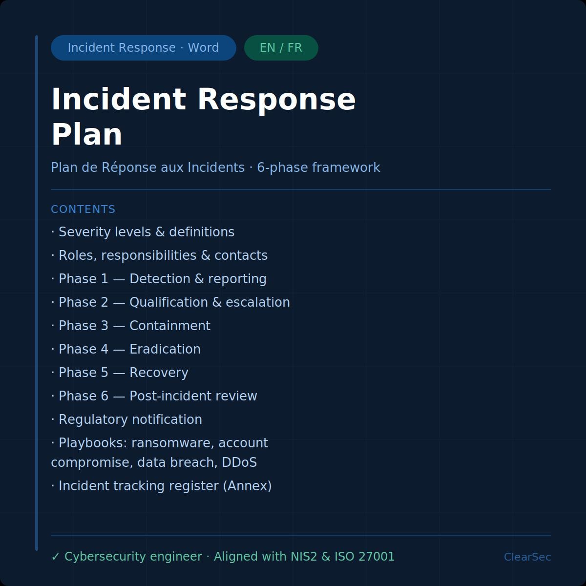 Incident Response Plan Template – Word – EN/FR – NIS2 & ISO 27001 Ready ...
