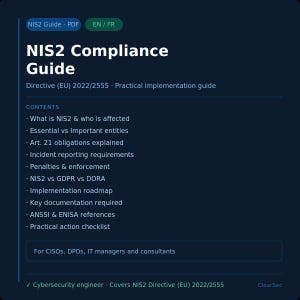 Puede incluir: Un documento azul oscuro titulado "NIS2 Compliance Guide" con texto blanco. La guía cubre la Directiva NIS2 (UE) 2022/2555 e incluye una tabla de contenidos. La guía es para CISO, DPO, gerentes de TI y consultores.