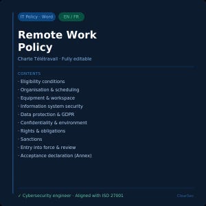 Remote Work Policy Template – Word – EN/FR – Editable Cybersecurity Charter