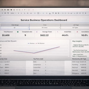 May include: A laptop displays a business operations dashboard with financial data. The screen shows charts, tables, and key insights, including revenue, job completion, and average ticket values. The laptop is on a wooden surface.