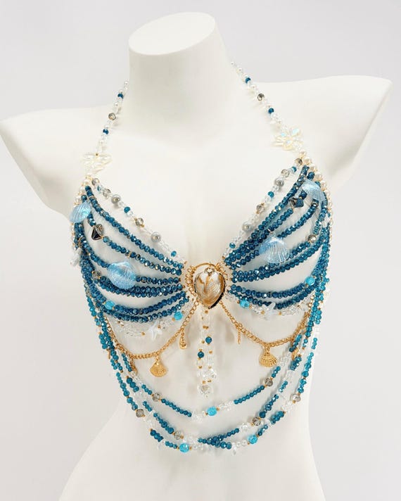 Blue Shell Body Chain, Mermaid Bra Top, Rave Festival Outfit, Boho Beach Bikini Jewelry
