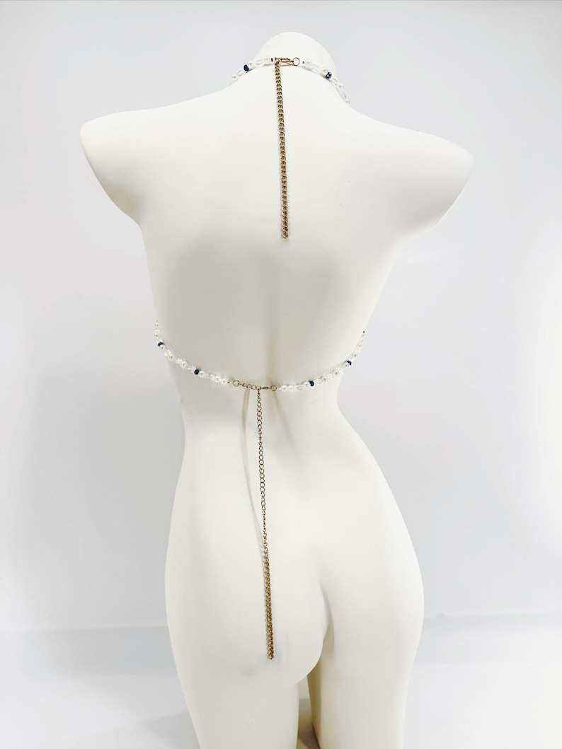 Collana per il corpo a forma di conchiglia blu, reggiseno a sirena, outfit da rave festival, gioielli bikini boho da spiaggia immagine 2