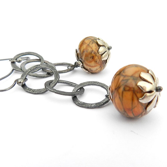 Items similar to Caramel brown earrings, long picasso jasper & sterling