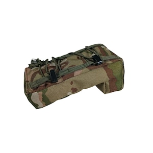 May include: A camouflage-patterned pouch with a rectangular shape and a smaller, attached compartment. The pouch features black plastic clips and a drawstring closure. The color scheme includes shades of green, brown, and tan.