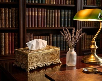 Brass Tissue Box Cover, Handcrafted Filigree Tissue Holder, Vintage Ornate Metal Napkin Dispenser, Luxury Boho Desk Decor