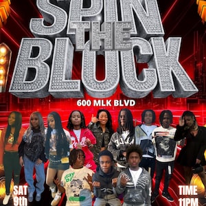Op de afbeelding: Een promotieposter voor een after-prom-feest. De woorden "SPIN THE BLOCK" staan in grote, sprankelende letters. De poster bevat de datum, tijd, locatie en de naam van de DJ. Verschillende jonge mensen zijn afgebeeld in de onderste helft van de poster.