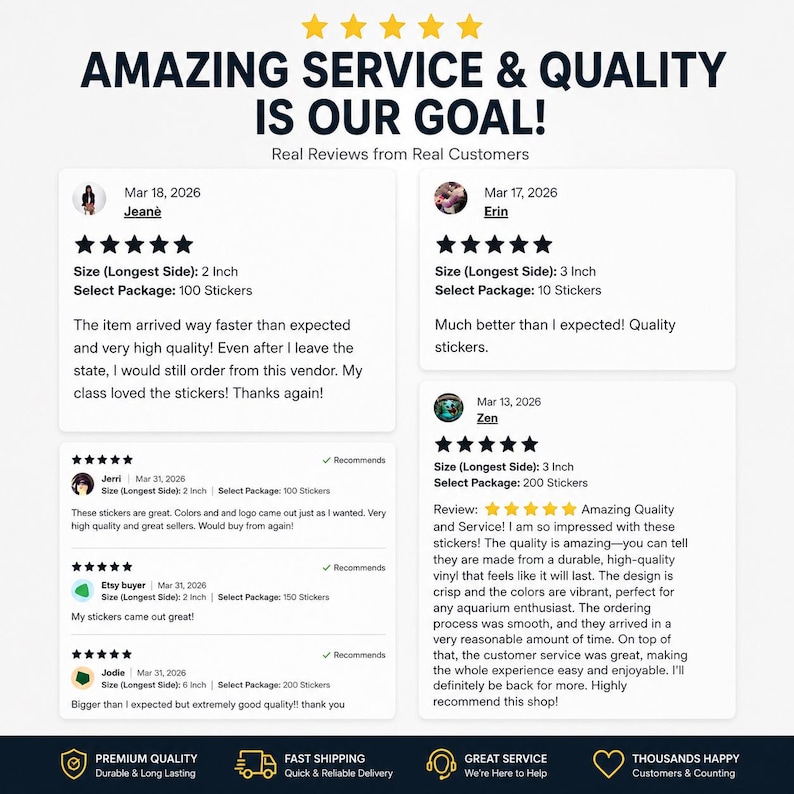 May include: Image showcasing customer reviews with a five-star rating system. The text reads "AMAZING SERVICE & QUALITY IS OUR GOAL!" and includes positive feedback about sticker quality and service. The reviews mention sticker sizes of 2 and 3 inches.