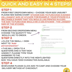 May include: A yellow and white graphic with instructions for ordering stickers. The text reads "Quick and Easy in 4 Steps!" with numbered steps detailing size selection, quantity, personalization, and checkout.