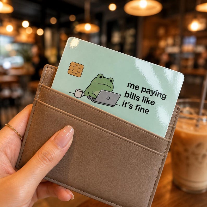 May include: A light green credit card with a frog illustration using a laptop, and the text "me paying bills like it's fine" is partially visible in a brown cardholder.