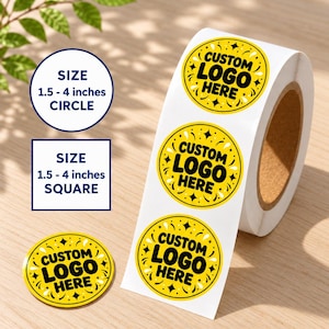 May include: A roll of circular stickers and one loose circular sticker, each featuring a yellow background with black text reading CUSTOM LOGO HERE and black star accents. Text indicates sizes of 1.5 to 4 inches for circles and squares.