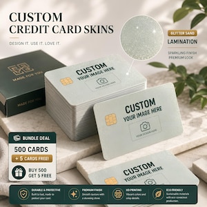 Modern product mockup for custom credit card skins with glitter sand lamination finish, featuring stacked premium card skins with gold chip detail, luxury packaging box, sparkle texture close-up, bundle deal offer, and premium quality feature icons on elegant marble background.