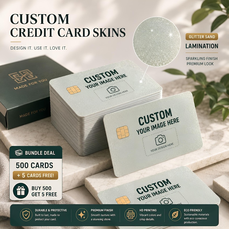 Modern product mockup for custom credit card skins with glitter sand lamination finish, featuring stacked premium card skins with gold chip detail, luxury packaging box, sparkle texture close-up, bundle deal offer, and premium quality feature icons on elegant marble background.