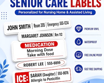 Custom Vinyl Stickers: Waterproof Die Cut Sticker, Bulk Nursing Home Clothing Labels - Personalized Senior Care Name Tags